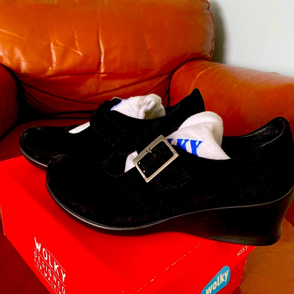 Wolky brand suede wedge Mary Janes